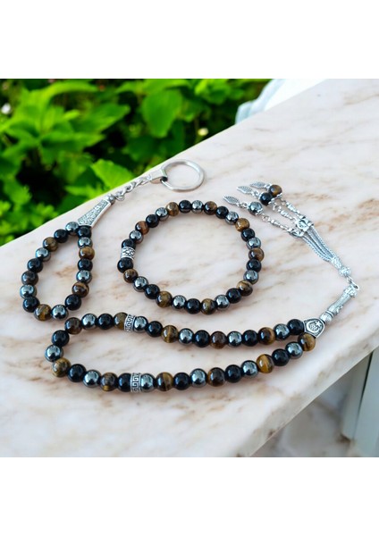 Doğal Taş Bileklik - Doğal Taş Tesbih - Doğal Taş Anahtarlık - 3 Adet Hematit Oniks Kaplan Gözü Taşı Seti fiyatları