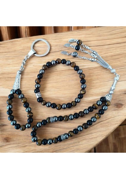 Doğal Taş Bileklik - Doğal Taş Tesbih - Doğal Taş Anahtarlık - 3 Adet Hematit Oniks Kaplan Gözü Taşı Seti modelleri