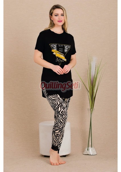 Siyah Renk ve Zebra Desenli Lady 12484 Pamuk Viskon Kadın Kısa Kol Pijama Takımı