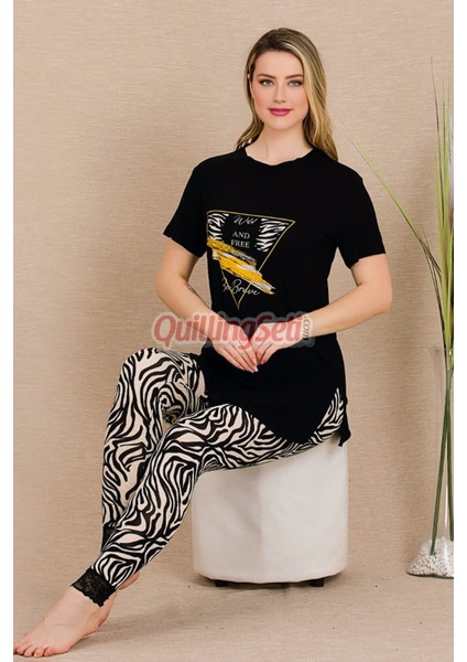 Siyah Renk ve Zebra Desenli Lady 12484 Pamuk Viskon Kadın Kısa Kol Pijama Takımı fiyatları