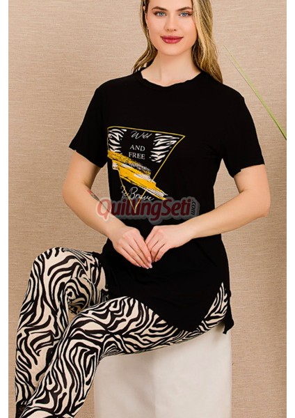 Siyah Renk ve Zebra Desenli Lady 12484 Pamuk Viskon Kadın Kısa Kol Pijama Takımı fırsatları