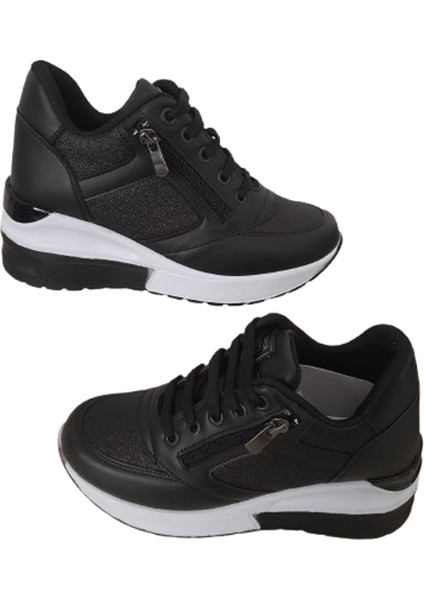 Kadın Simli Içten Gizli Topuklu Şık Siyah Spor Ayakkababı