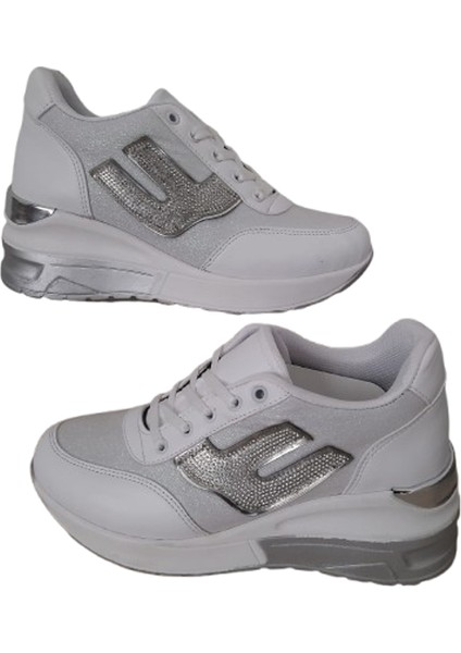 Kadın Simli Içten Gizli Topuklu Şık Beyaz Spor Ayakkababı