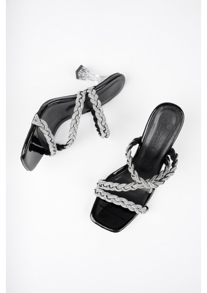 BA04568 Siyah Kadın Örgü Model Biye Boça Şeffaf 8 cm Topuklu Terlik