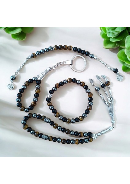 Doğal Taş Bileklik - Doğal Taş Tesbih - Doğal Taş Anahtarlık - Zaza Tesbih -4 Adet Hematit Oniks Kaplan Gözü Taşı Seti