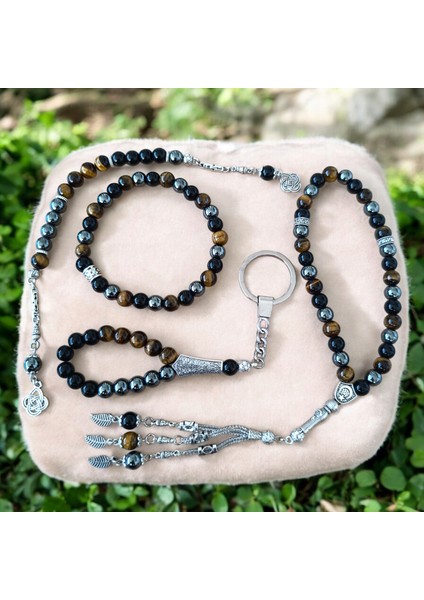 Doğal Taş Bileklik - Doğal Taş Tesbih - Doğal Taş Anahtarlık - Zaza Tesbih -4 Adet Hematit Oniks Kaplan Gözü Taşı Seti fiyatları