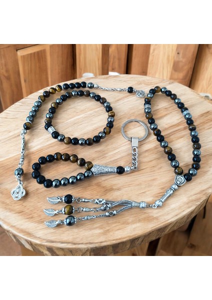 Doğal Taş Bileklik - Doğal Taş Tesbih - Doğal Taş Anahtarlık - Zaza Tesbih -4 Adet Hematit Oniks Kaplan Gözü Taşı Seti modelleri