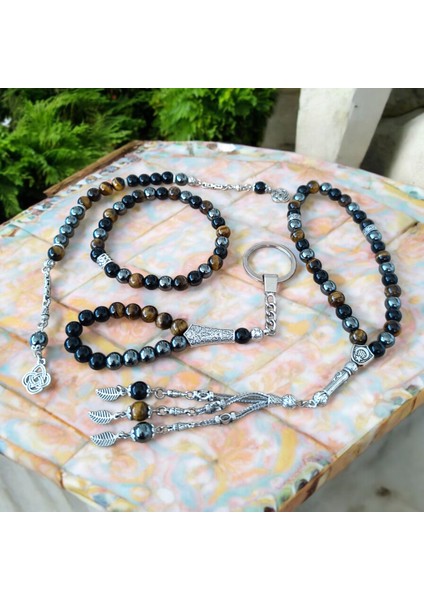 Doğal Taş Bileklik - Doğal Taş Tesbih - Doğal Taş Anahtarlık - Zaza Tesbih -4 Adet Hematit Oniks Kaplan Gözü Taşı Seti fırsatları