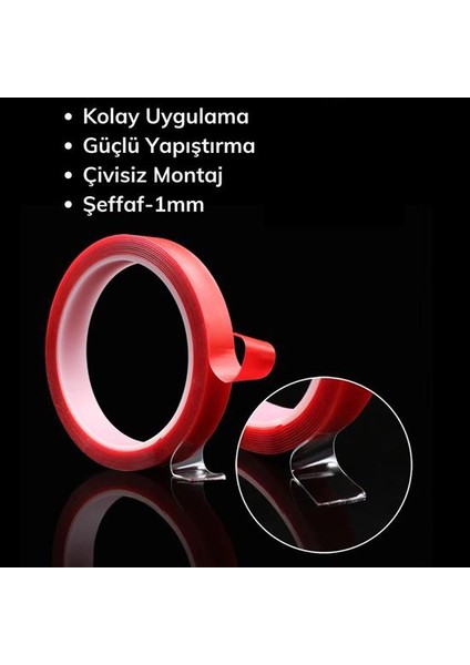 Çift Taraflı Bant 10 mm x 5 Metre Süper Güçlü Montaj Bandı (Şeffaf) 20LI Kutu