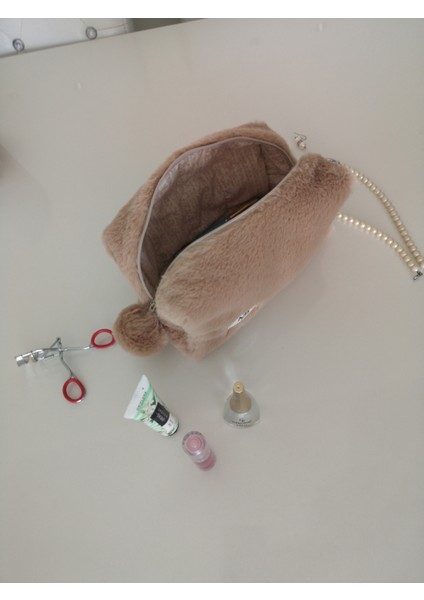 Karamel Peluş Makyaj Çantası - Büyük Boy