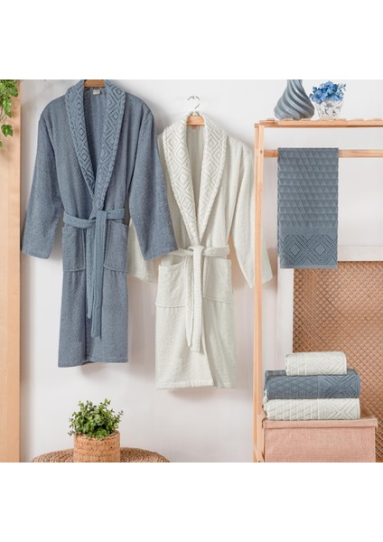 Home Rosinda Banyo Seti 6 Parça Indigo/krem Bornoz Seti