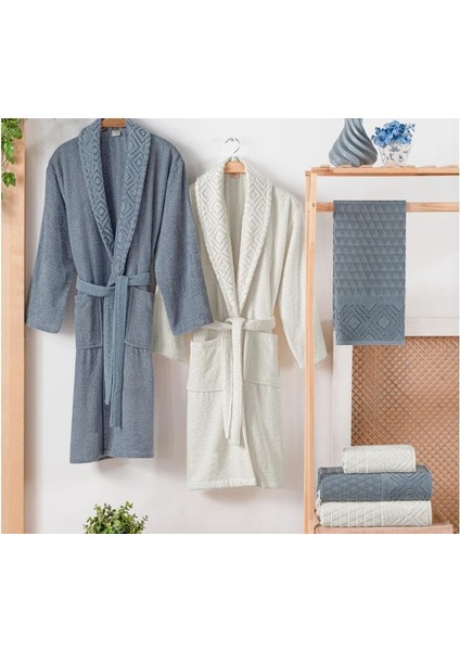 Home Rosinda Banyo Seti 6 Parça Indigo/krem Bornoz Seti