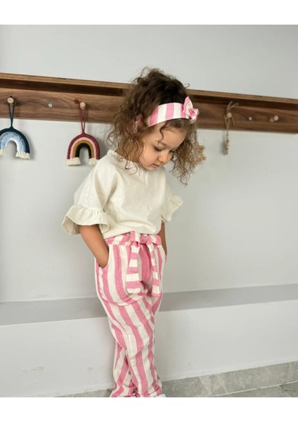 Fırfır Kollu Bluz, Çizgi Desenli Kendinden Kemerli Pantolon, Bandana 3'lü kız çocuk takım