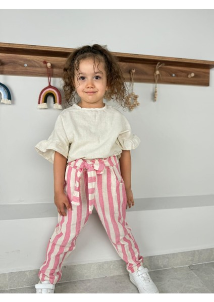 Fırfır Kollu Bluz, Çizgi Desenli Kendinden Kemerli Pantolon, Bandana 3'lü kız çocuk takım fiyatları