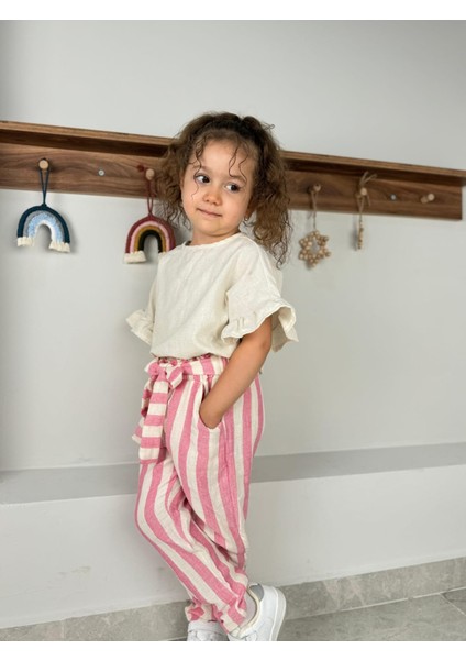 Fırfır Kollu Bluz, Çizgi Desenli Kendinden Kemerli Pantolon, Bandana 3'lü kız çocuk takım modelleri