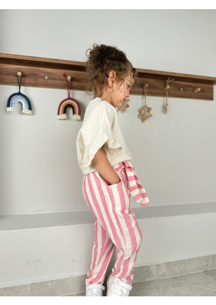 Fırfır Kollu Bluz, Çizgi Desenli Kendinden Kemerli Pantolon, Bandana 3'lü kız çocuk takım fırsatları