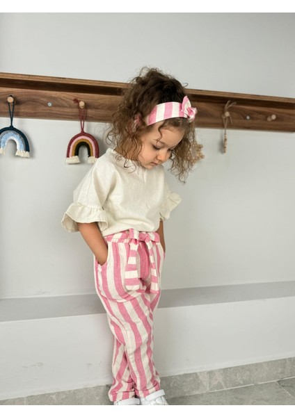 Fırfır Kollu Bluz, Çizgi Desenli Kendinden Kemerli Pantolon, Bandana 3'lü kız çocuk takım indirimleri