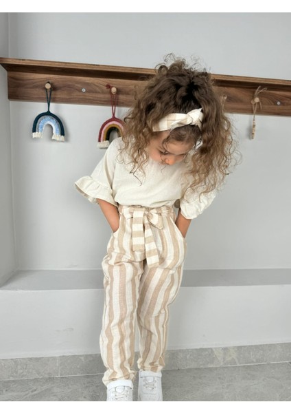 Fırfır Kollu Bluz, Çizgi Desenli Kendinden Kemerli Pantolon, Bandana 3'lü kız çocuk takım