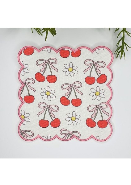Vişneler, Kurdeleler ve Papatyalar Nakış Kenar Kokteyl Peçetesi 1 Adet fiyatları