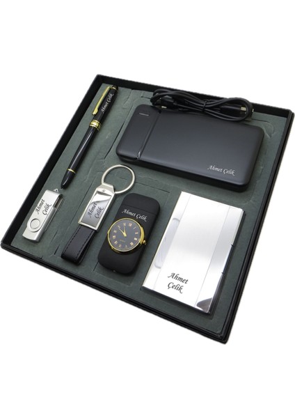 ® Cogito | Kişiye Özel Set - Saatli Çakmak + 32 Gb. USB Bellek + 10000 Mah Powerbank + Roller Kalem + Anahtarlık + Kartvizitlik | Isme Özel Hediyelik Set