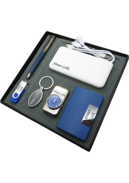 ® Felicita | Kişiye Özel Set - Kartvizitlik + Saatli Çakmak + 10000 Mah Powerbank + Roller Kalem + Anahtarlık + 32 Gb. USB Bellek | Isme Özel Hediyelik Set