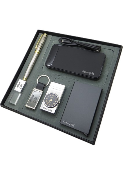® Celestia | Kişiye Özel Set - Saatli Çakmak + 32 Gb. Kristal USB Bellek + 10000 Mah Powerbank + Gold Krom Roller Kalem + Anahtarlık + Kartvizitlik | Isme Özel Hediyelik Set