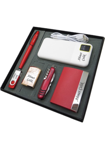 ® Rubina | Kişiye Özel Set - Rose Çakmak + 32 Gb. USB Bellek + 10000 Mah Powerbank + Roller Kalem + Çok Fonksiyonlu Çakı ve Kartvizitlik | Isme Özel Hediyelik Set