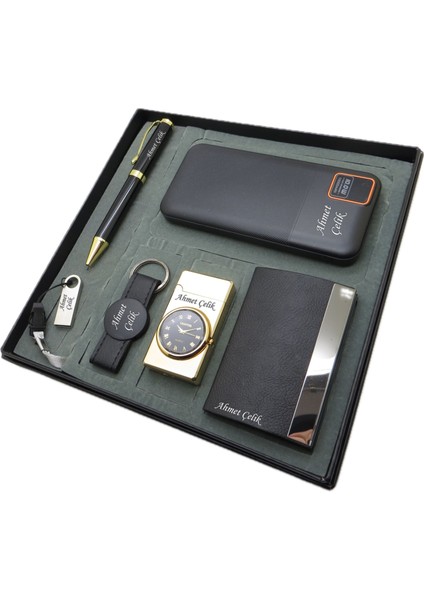 ® Eximius | Kişiye Özel Set - Kartvizitlik + 10000 Mah Powerbank + Saatli Çakmak + Kalem + Anahtarlık + 32 Gb. USB Bellek | Isme Özel Hediyelik Set