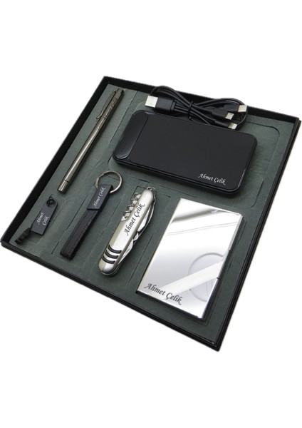 ® Jubilus | Kişiye Özel Set - Çok Fonksiyonlu Çakı + 32 Gb. USB Bellek + 10000 Mah Powerbank + Roller Kalem + Anahtarlık + Kartvizitlik | Isme Özel Hediyelik Set