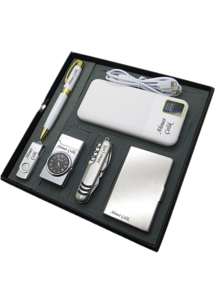 ® Candidus | Kişiye Özel Set - 10000 Mah Powerbank + 32 Gb. USB Bellek + Roller Kalem + Saatli Çakmak + Çok Fonksiyonlu Çakı ve Kartvizitlik | Isme Özel Hediyelik Set