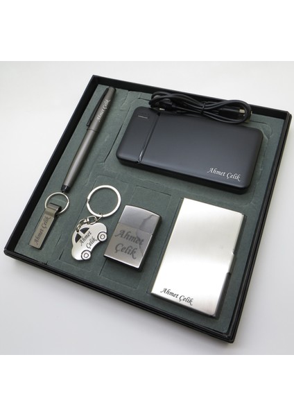 ® Vosvos | Kişiye Özel Set - 128 Gb. USB Bellek + 10000 Mah Powerbank + Roller Kalem + Anahtarlık + Kartvizitlik ve Çakmak | Isme Özel Hediyelik Set