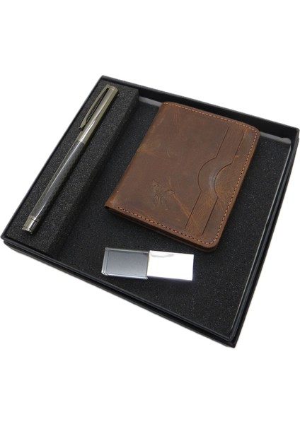 D310 İsme Özel Set - Deri Kartlık + 32GB Kristal USB Bellek + Kalem Seti | İsme Özel Hediyelik Set