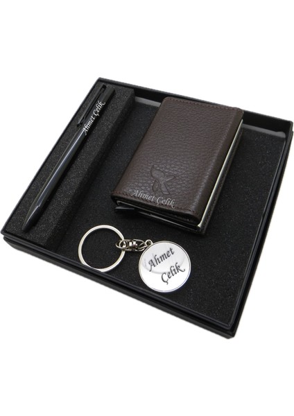 D327 İsme Özel Set - Deri Kartlık + Anahtarlık + Kalem Seti | İsme Özel Hediyelik Set