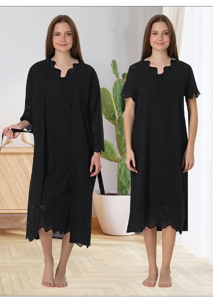 Dvina Lohusa Sabahlıklı Gecelik Siyah - 9020
