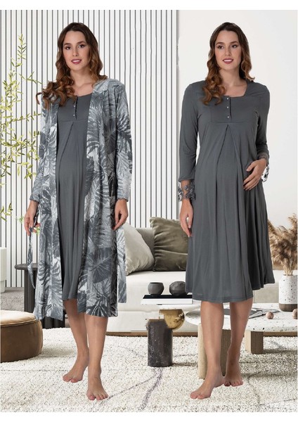 Dvina Lohusa Desenli Sabahlıklı Gecelik Füme - 9045