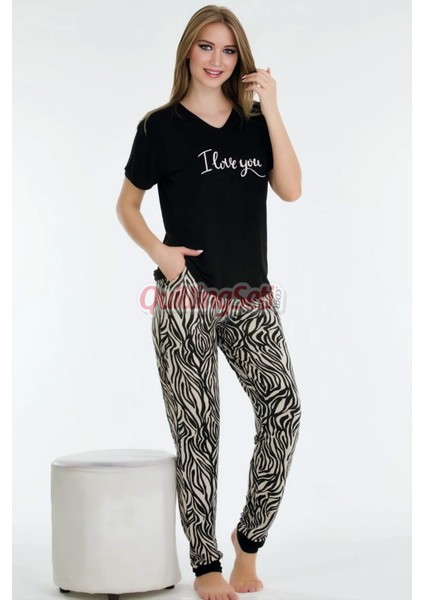 Siyah Renk ve Zebra Desenli Lady 12548 Pamuk Viskon Kadın Kısa Kol Pijama Takımı