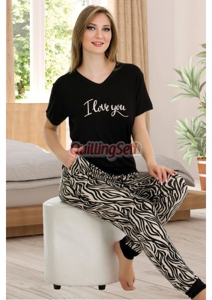 Siyah Renk ve Zebra Desenli Lady 12548 Pamuk Viskon Kadın Kısa Kol Pijama Takımı fiyatları