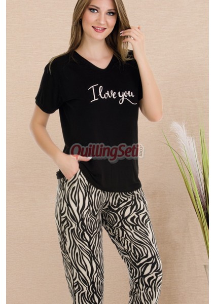Siyah Renk ve Zebra Desenli Lady 12548 Pamuk Viskon Kadın Kısa Kol Pijama Takımı modelleri