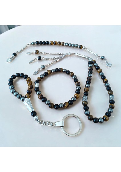 Doğal Taş Tesbih - Doğal Taş Anahtarlık - Zaza Tesbih - 4 Adet Hematit Oniks Kaplan Gözü Taşı Seti 10 mm