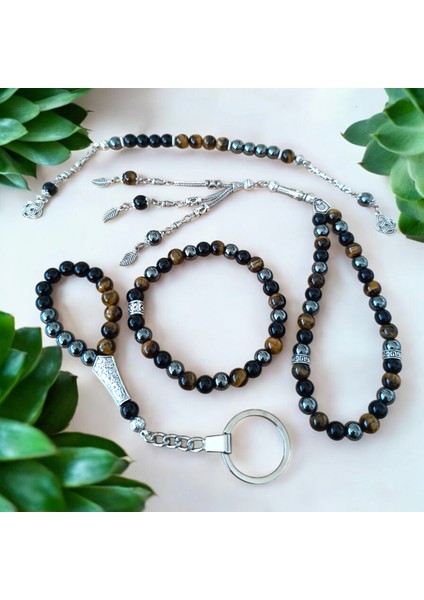 Doğal Taş Tesbih - Doğal Taş Anahtarlık - Zaza Tesbih - 4 Adet Hematit Oniks Kaplan Gözü Taşı Seti 10 mm fiyatları