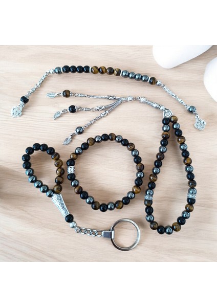 Doğal Taş Tesbih - Doğal Taş Anahtarlık - Zaza Tesbih - 4 Adet Hematit Oniks Kaplan Gözü Taşı Seti 10 mm modelleri