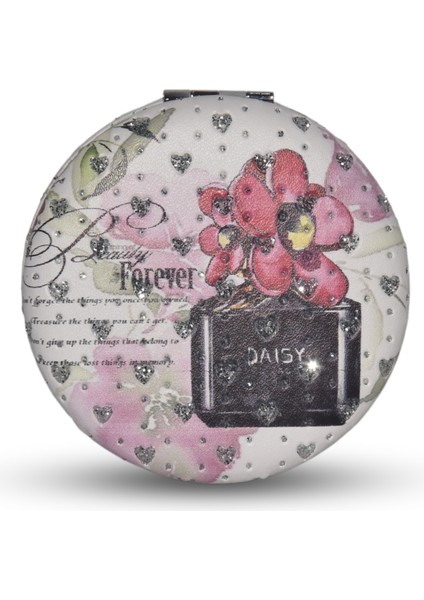 Sevgiliye Mini Cep Çanta Makyaj Aynası Kapaklı Taş İşlemeli Büyüteçli Yuvarlak Ayna