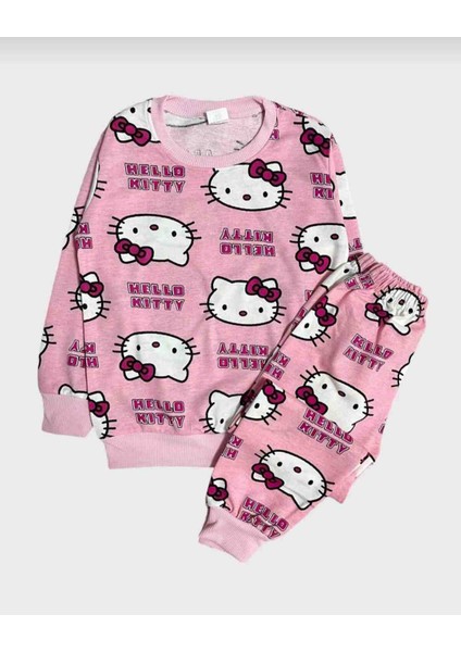 Kız Çocuk Pembe Hello Kity Desenli Uzun Kollu Pijama Takımı
