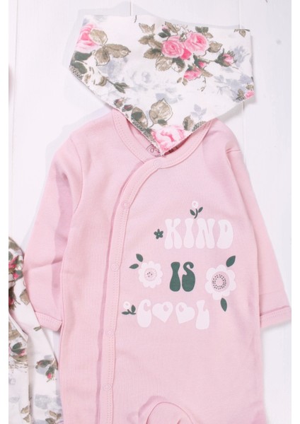 3-6 Ay Kind Is Cool Nakışlı Kız Çocuk 4'lü Tulum Seti Pembe