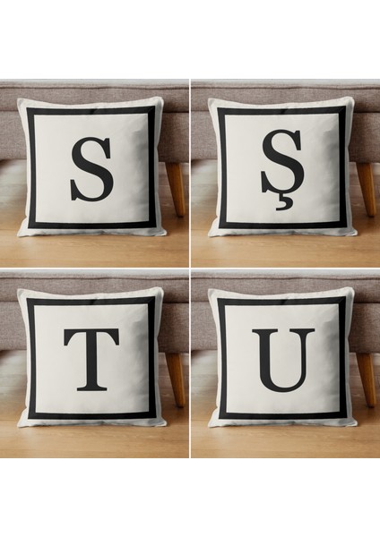 Harfli Kırlent Kılıfı - S Harfi - Hediyelik Dekoratif Kırlent Yastık Kılıfı 43 x 43 cm Krem-Siyah