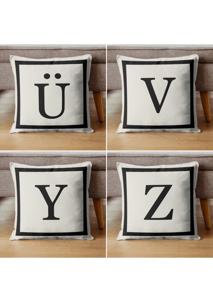 Harfli Kırlent Kılıfı - T Harfi - Hediyelik Dekoratif Kırlent Yastık Kılıfı 43 x 43 cm Krem-Siyah
