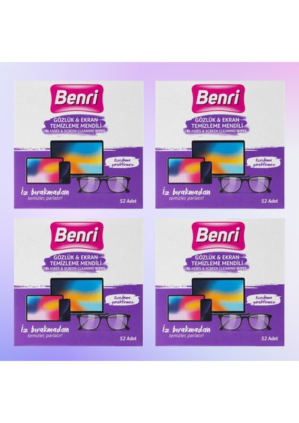 Benri Gözlük & Ekran Temizleme Mendili 52'li x 4 Adet