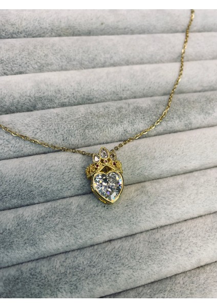 Şeffaf Kalp Taçlı Çelik Zarif Kolye / Kutulu fırsatları