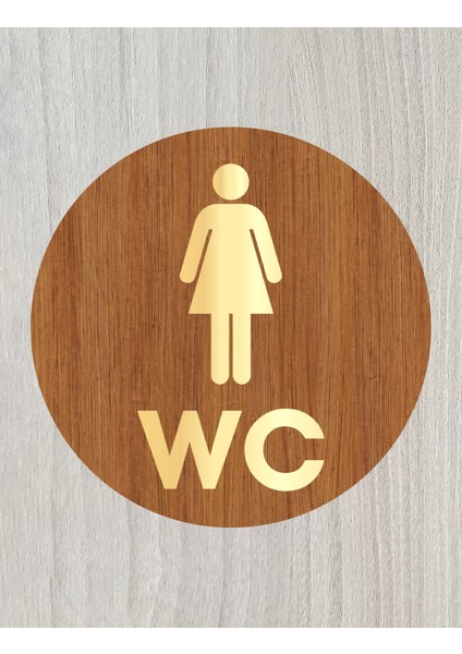 Lazer Kesim Gold Pleksi Ahşap Wc Tuvalet Tabelası Kadın Yönlendirme Levhası 15X15cm