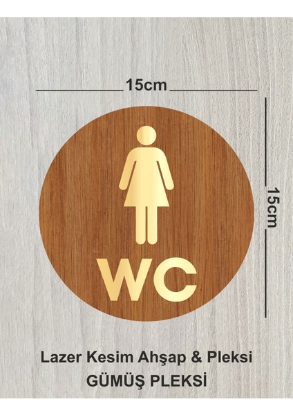 Lazer Kesim Gold Pleksi Ahşap Wc Tuvalet Tabelası Kadın Yönlendirme Levhası 15X15cm